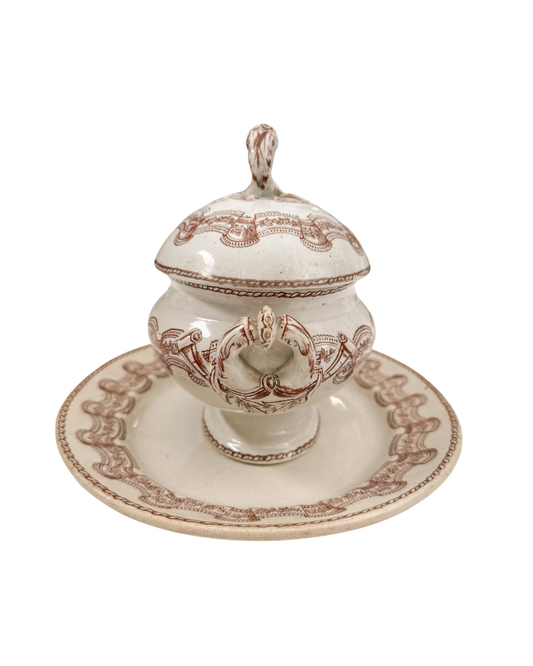 Antique T. Till & Sons Grecian Brown Transferware Sauce Tureen Set