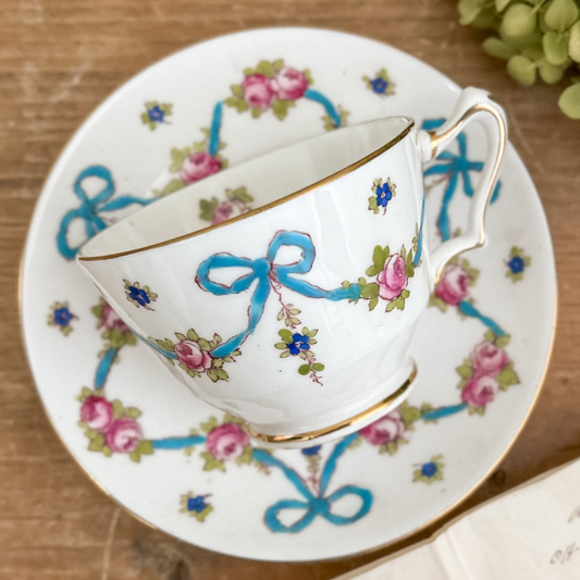 Staffordshire Fine Bone China Ribbon & Rose Teacup and Saucer