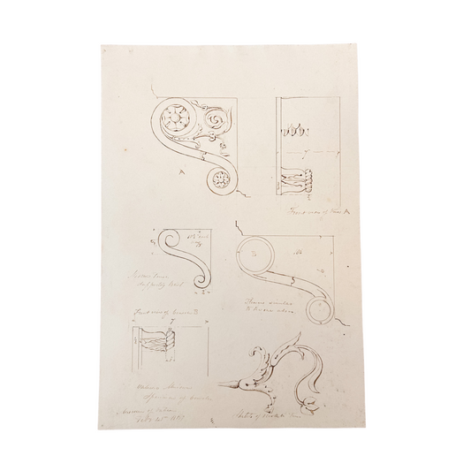 HB Garling Architectural Sketch – Decorative Truss & Scrollwork Designs, 1849