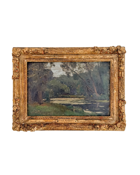 "L’Étang de Longchamp" Antique French Oil Painting by René Sergent in an Ornate Gold Frame