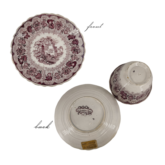 Antique Mulberry Transferware Teacup & Saucer Set | Egypt Pattern