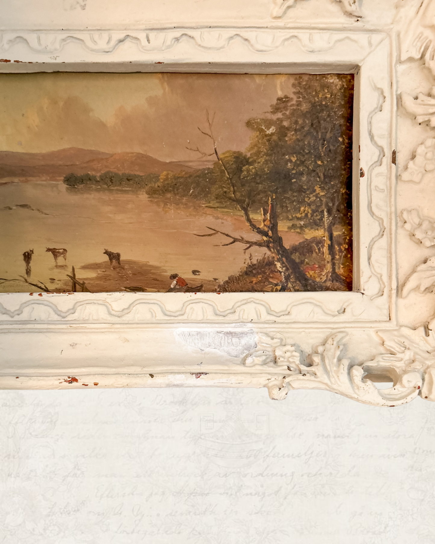 Antique Landscape | Lake | Cows Oil Painting in Ornate Gesso Frame