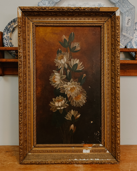 19th Century oil on canvas depicting a vertical cluster of white water lilies
