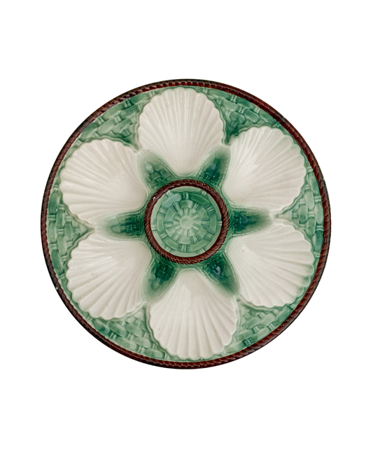 Vintage French Majolica Oyster Plate with Green Basketweave and Shell Wells
