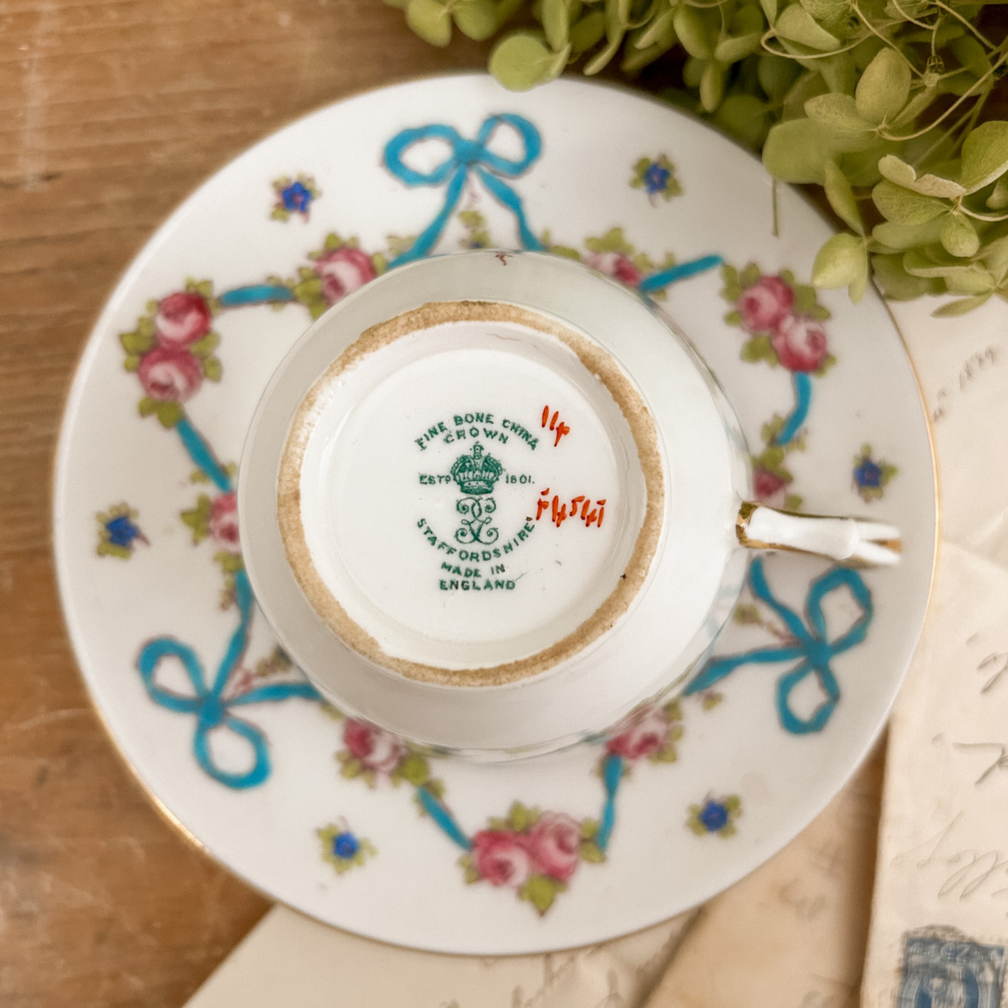 Staffordshire Fine Bone China Ribbon & Rose Teacup and Saucer