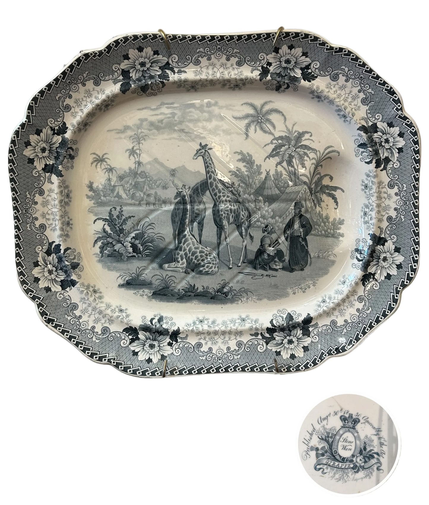 Antique c. 1840 John
Ridgways Transferware 22" X 18.5" Platter | "Giraffe" Pattern