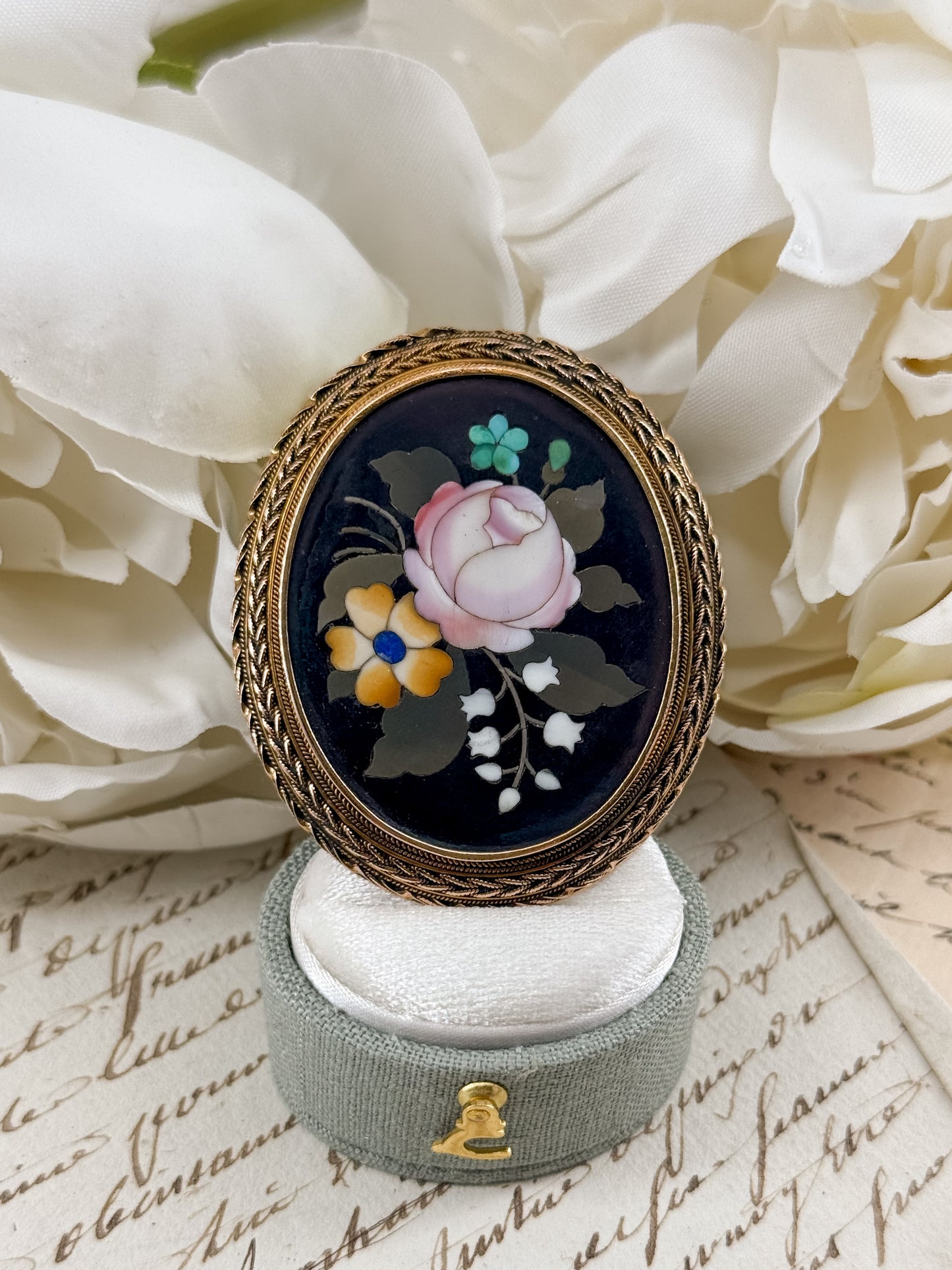Antique 14kt Gold Pietra Dura Floral Pendant