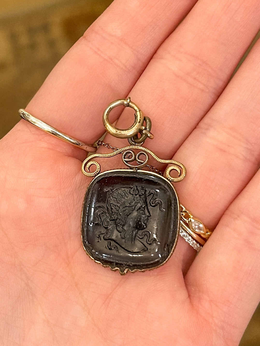 Antique Black Glass Intaglio Pendant | *as found, wear to back of glass