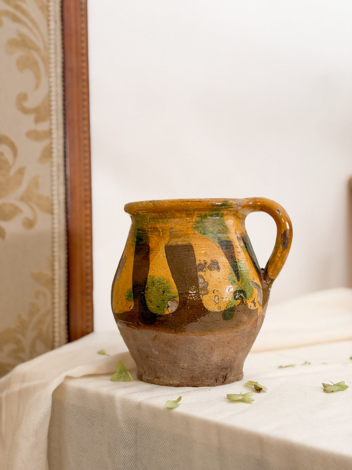 Antique French Provencal Green & Yellow Glazed Terracotta Pitcher