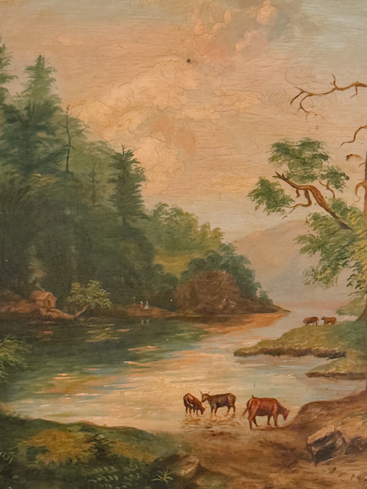 Antique Oil Painting on Tin | River Scene with Cows