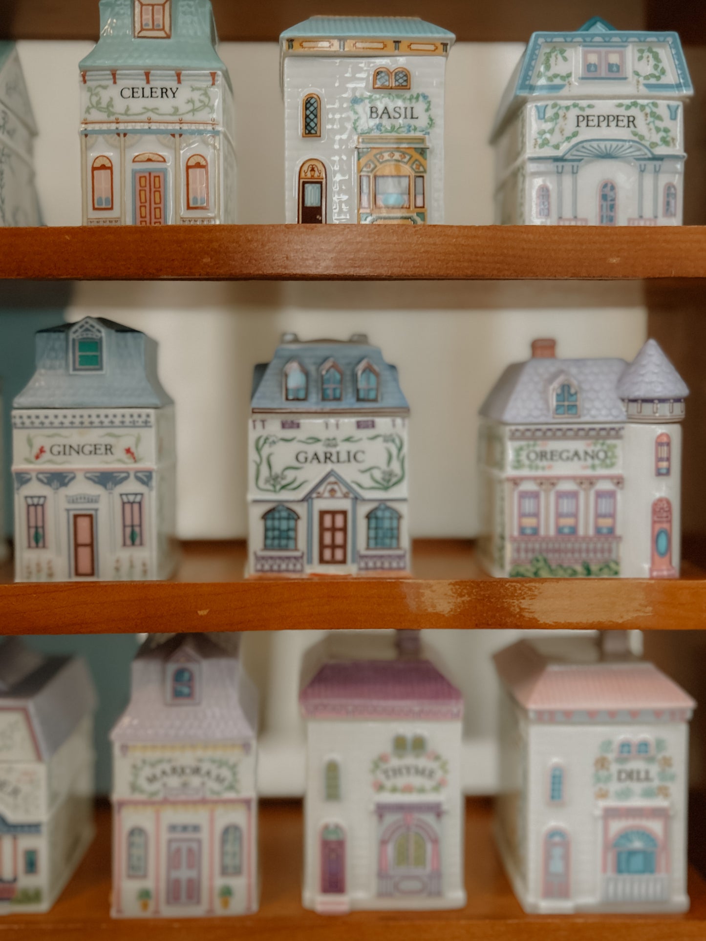 Vintage 1989 Lenox Spice Village Collection with Wooden Display Cabinet