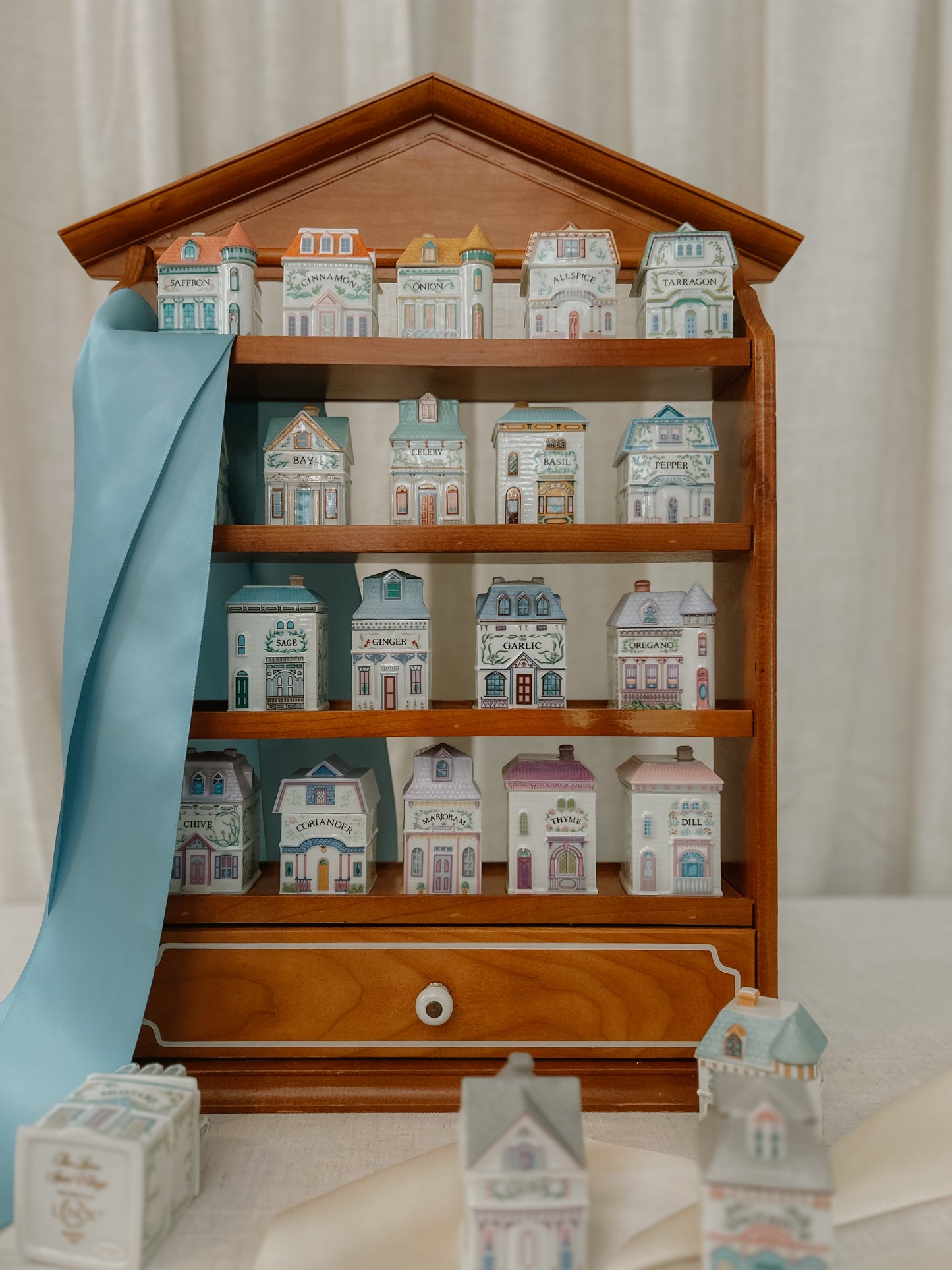 Vintage 1989 Lenox Spice Village Collection with Wooden Display Cabinet