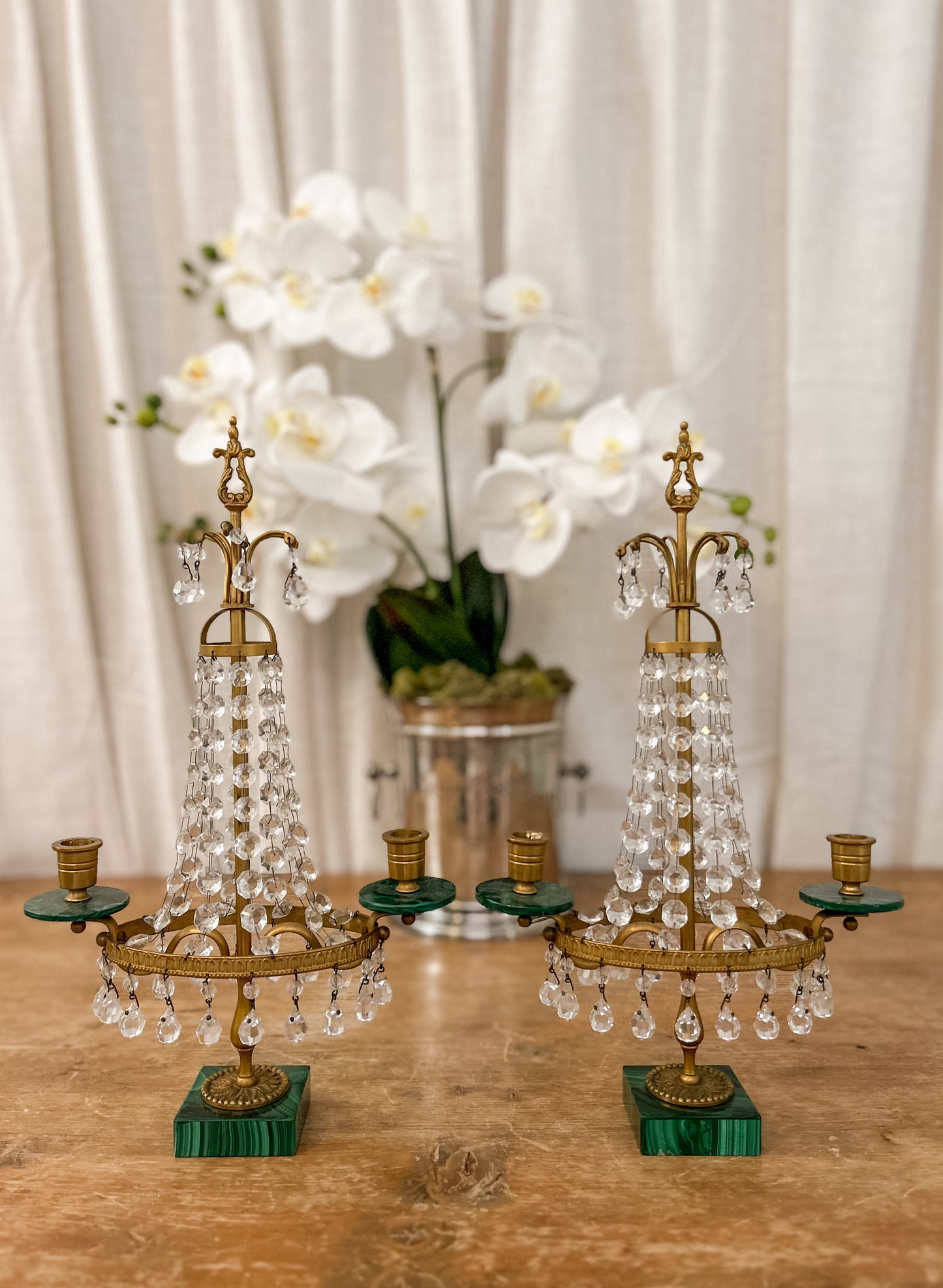 Pair of French Empire-Style Crystal and Malachite Candelabras