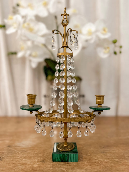 Pair of French Empire-Style Crystal and Malachite Candelabras