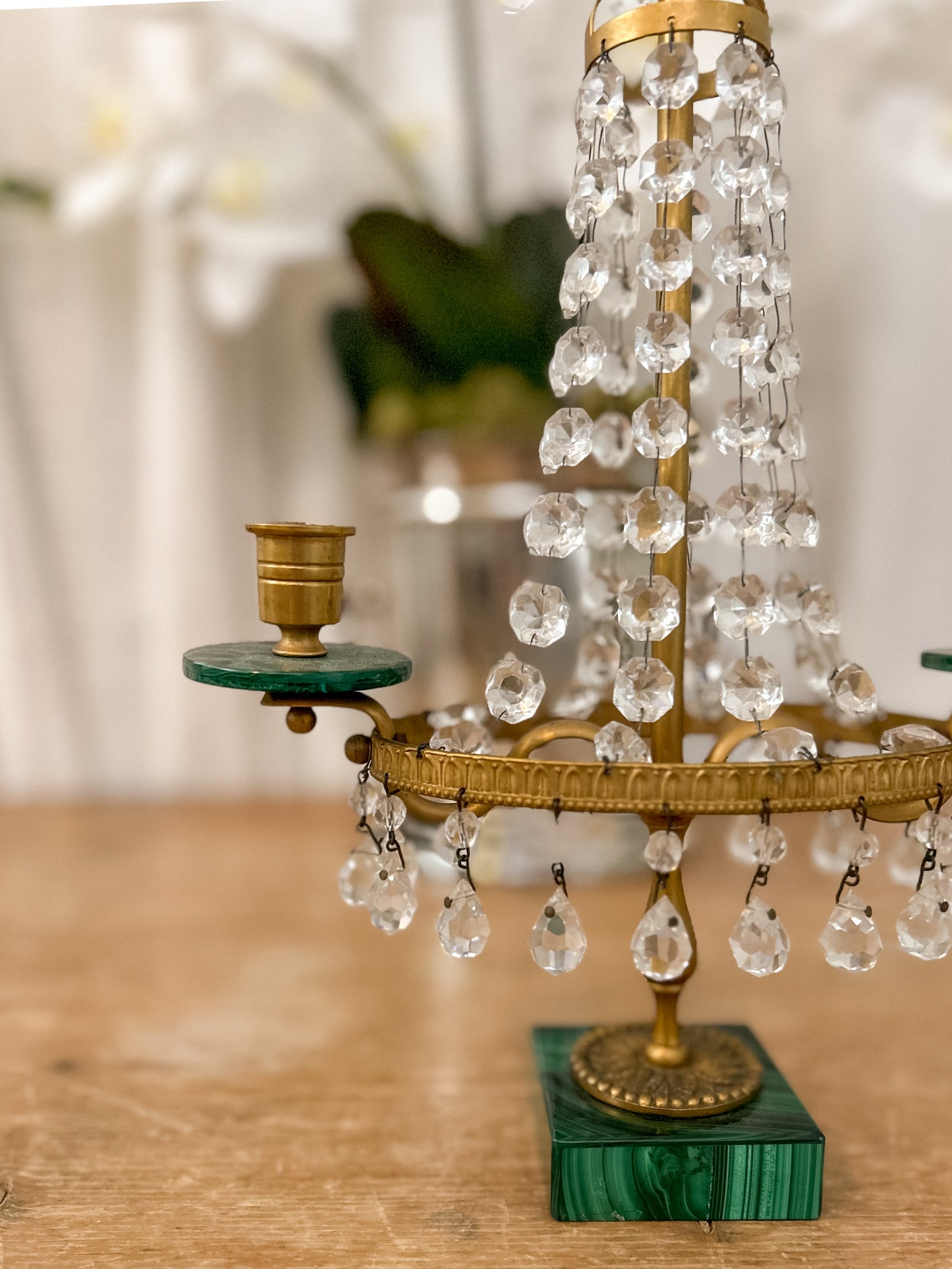 Pair of French Empire-Style Crystal and Malachite Candelabras