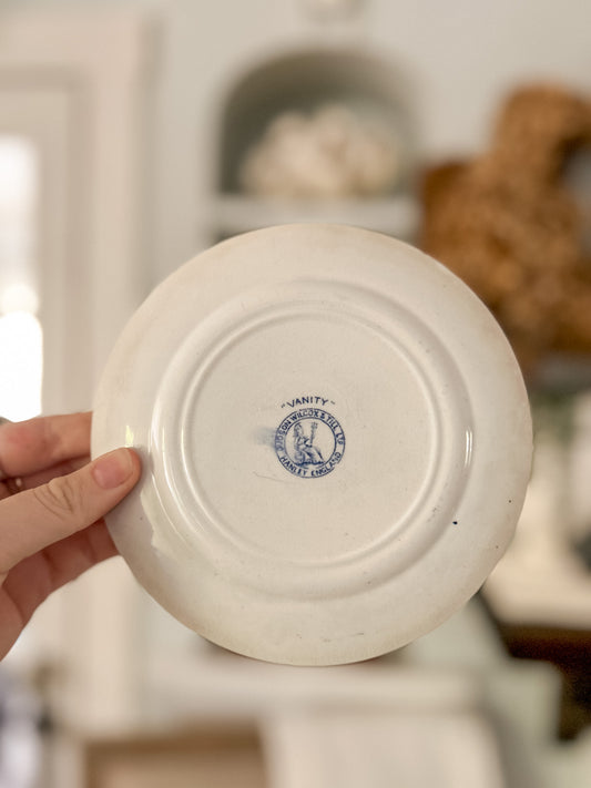 19th-Century Blue and White Transferware Plate, “Vanity” Pattern by J. & G. Meakin