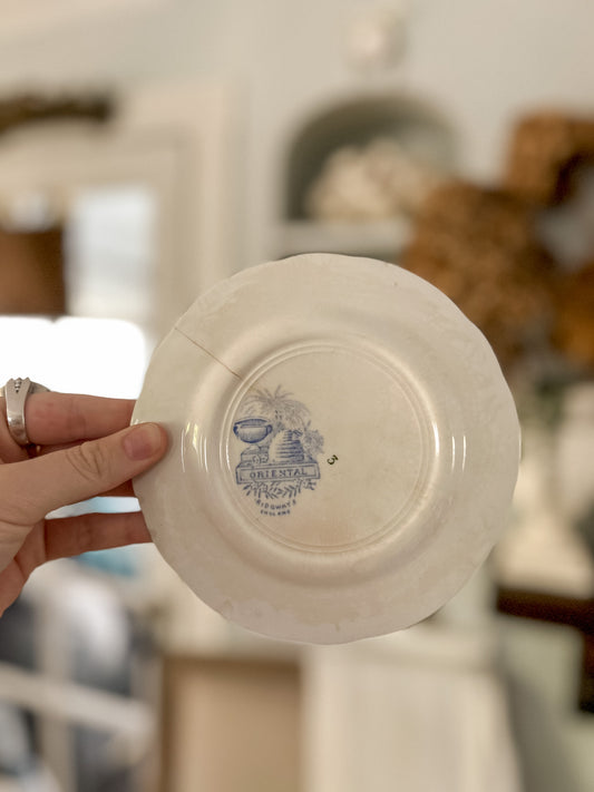 19th-Century Blue and White Transferware Bread Plate, “Oriental” Pattern by Ridgway