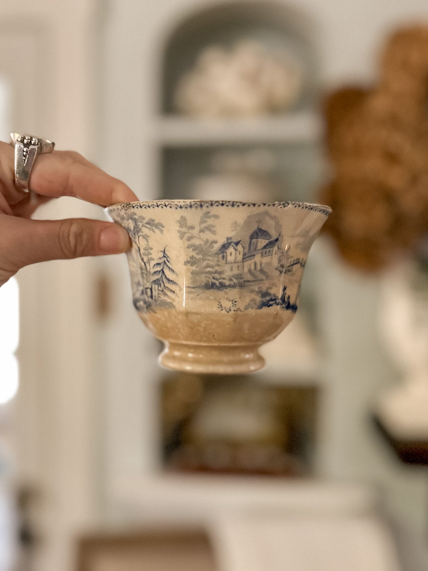 19th-Century Blue and White Transferware Tea Bowl/ Handle-less Cup