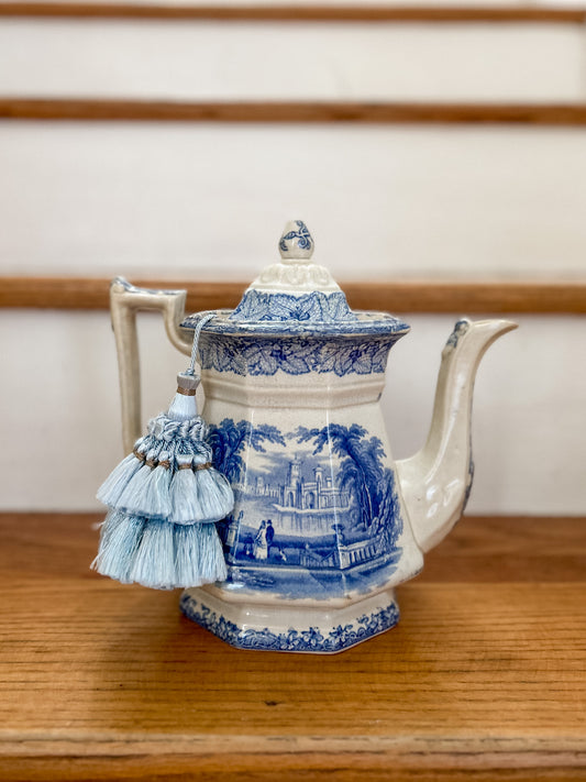 19th-Century Staffordshite Blue and White Transferware Teapot w/ Tassle