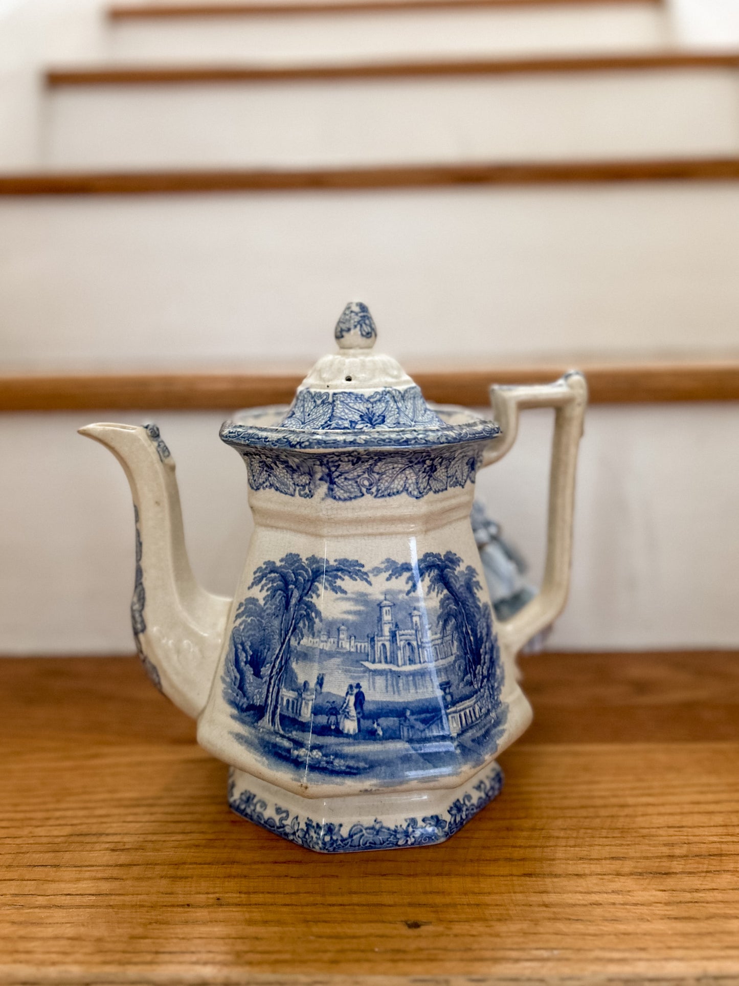 19th-Century Staffordshite Blue and White Transferware Teapot w/ Tassle