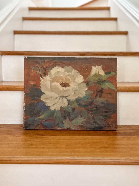 Vintage Floral Still Life of a White Peony | Oil on Canvas