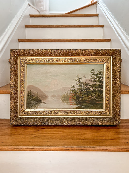 19th-Century Landscape with River and Mountains | Original Oil Painting on Board