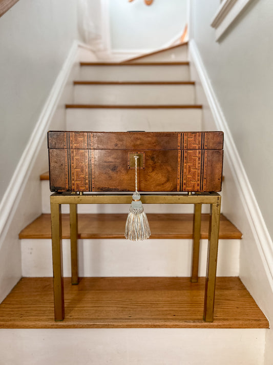19th-Century Inlaid Tunbridge-style Writing Desk with Monogrammed Plaque on Brass Stand