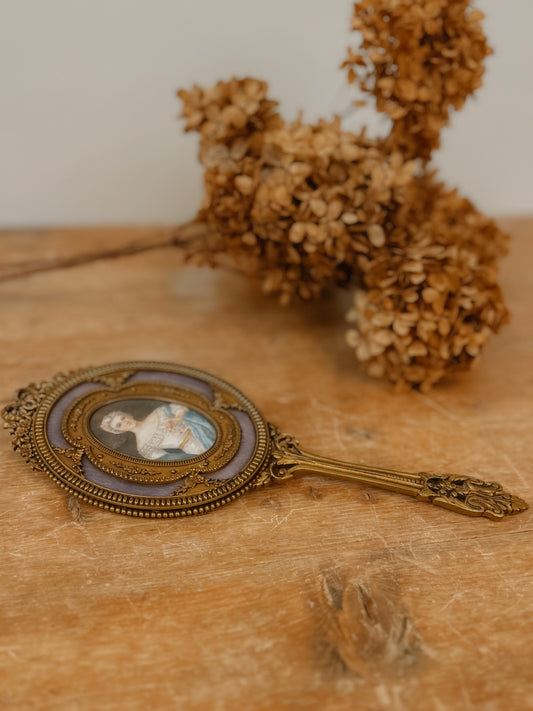 Antique French Hand Mirror with Portrait