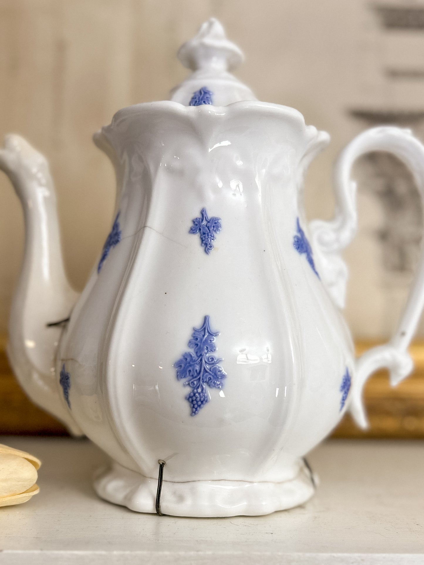 19th-Century French Porcelain Coffee Pot with Blue Grape Motifs & Early Staple Repairs