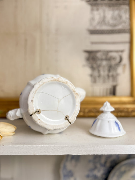 19th-Century French Porcelain Coffee Pot with Blue Grape Motifs & Early Staple Repairs