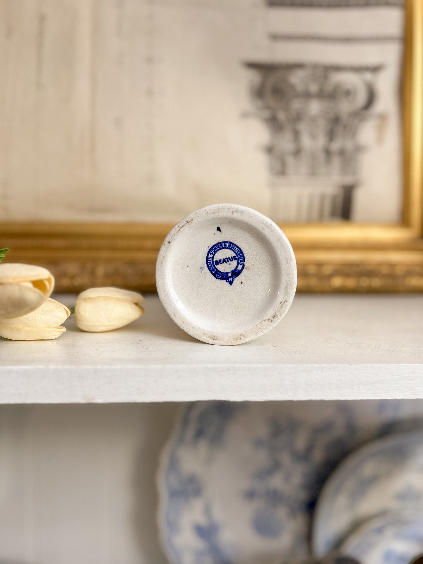 Victorian Blue Transferware Spill Vase – “Beatus” Stamp