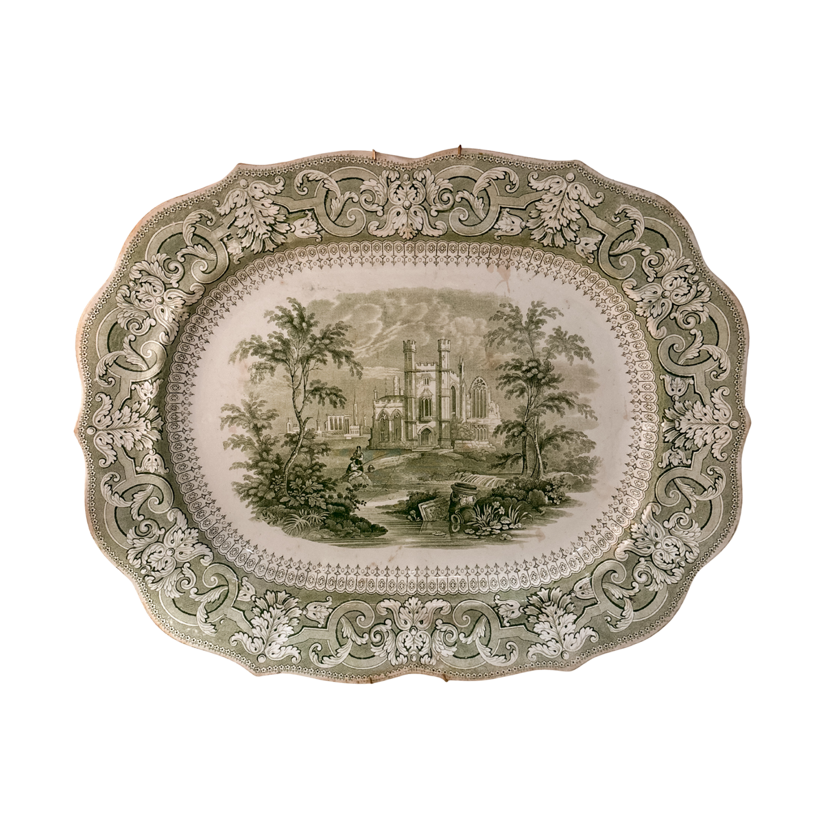 Antique English Green and White Transferware Platter | Gothic Ruins
