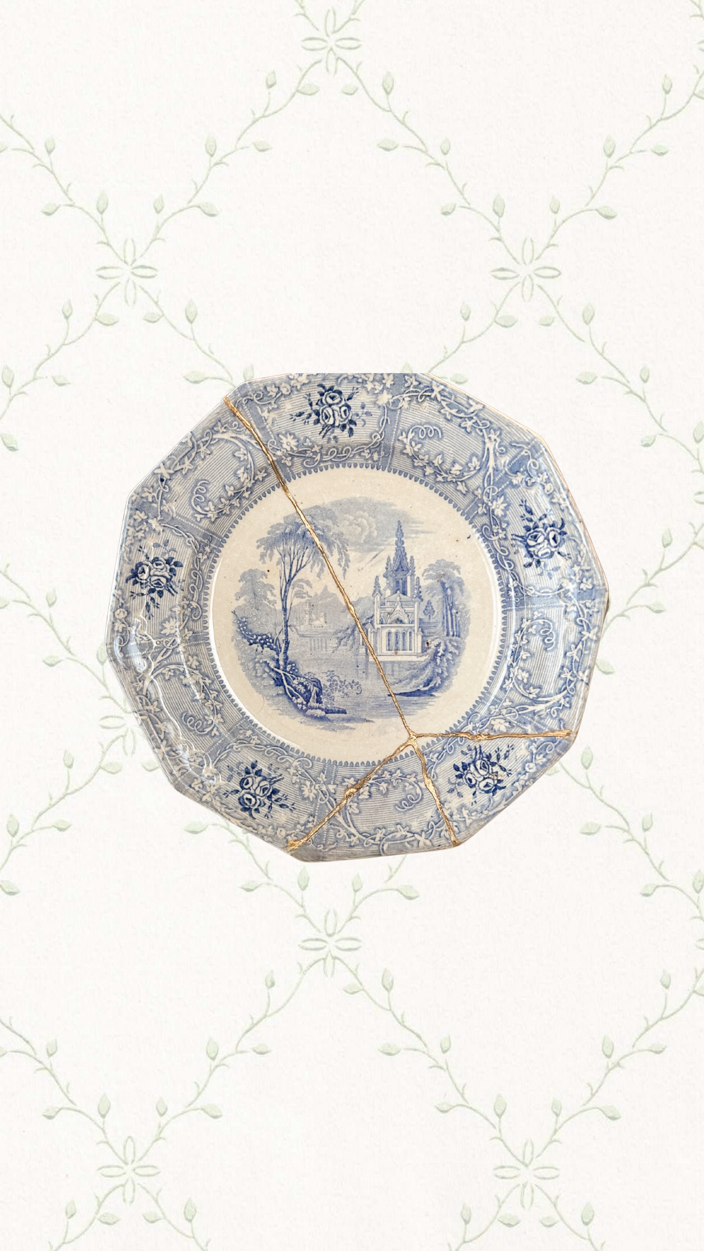 Antique Blue and White Ironstone Plate with Kintsugi Repair