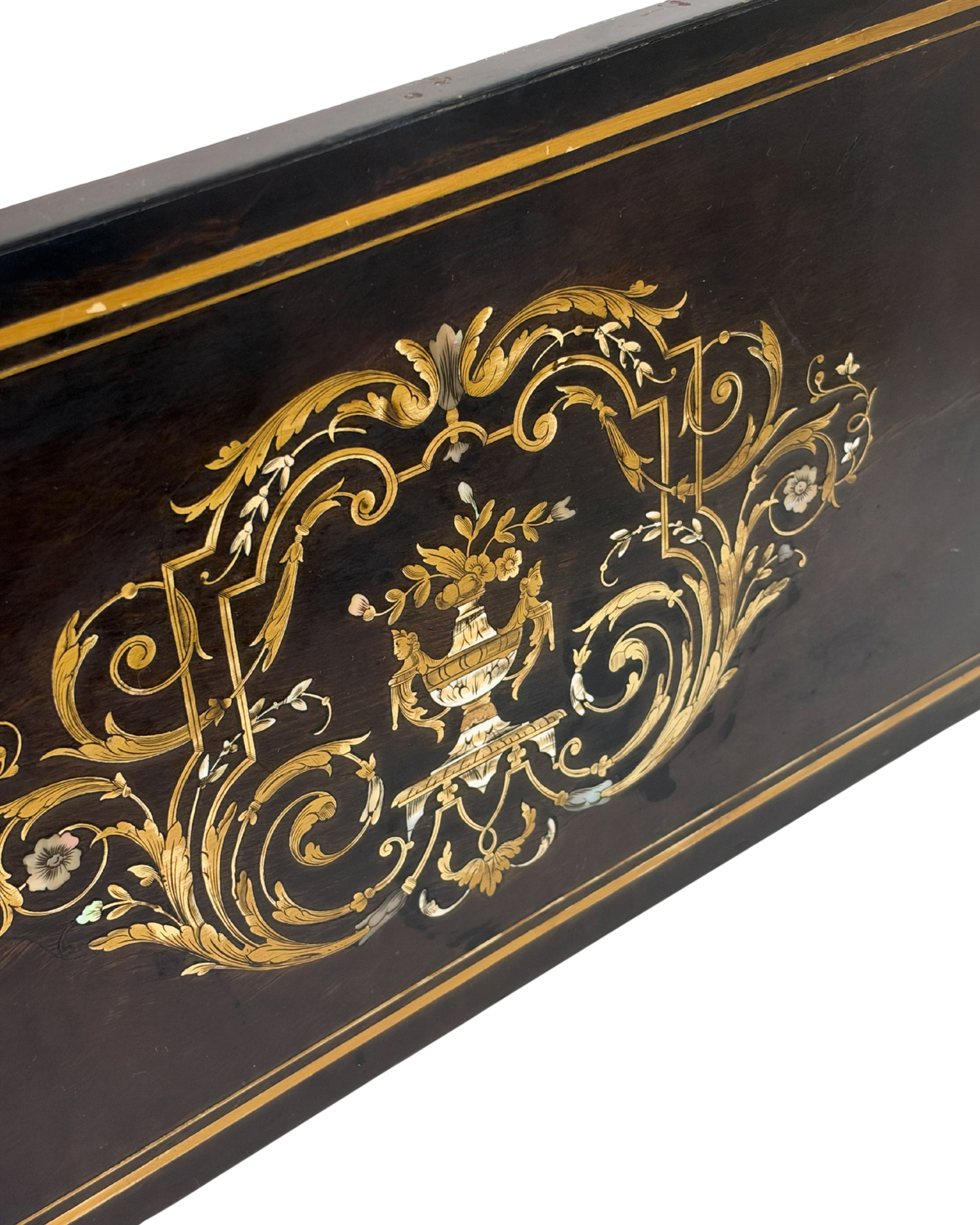 Antique 19th C. Napoleon III Wooden Tray with Brass and Mother-of-Pearl Scrollwork Inlay