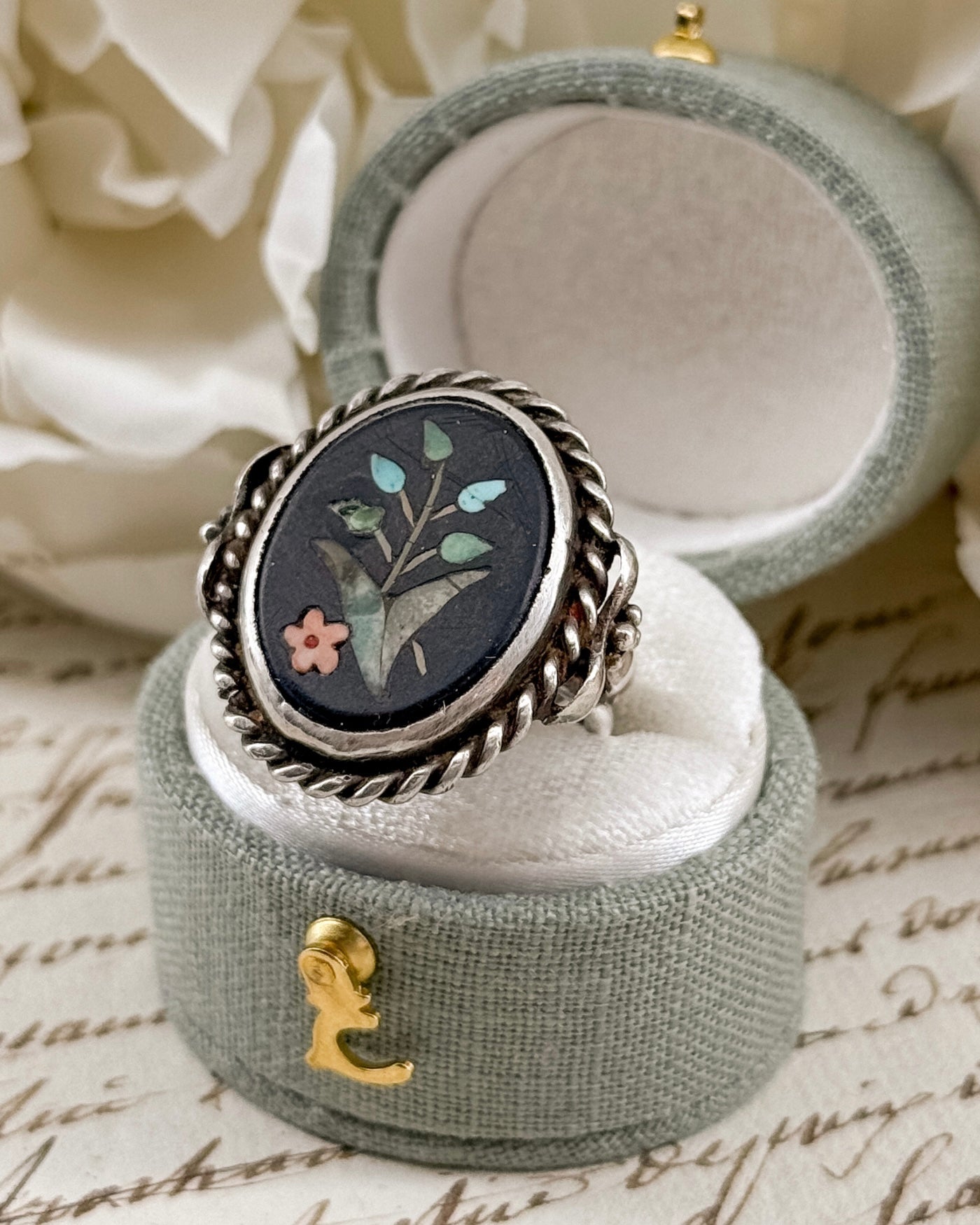 Sterling Silver Pietra Dura Floral Ring