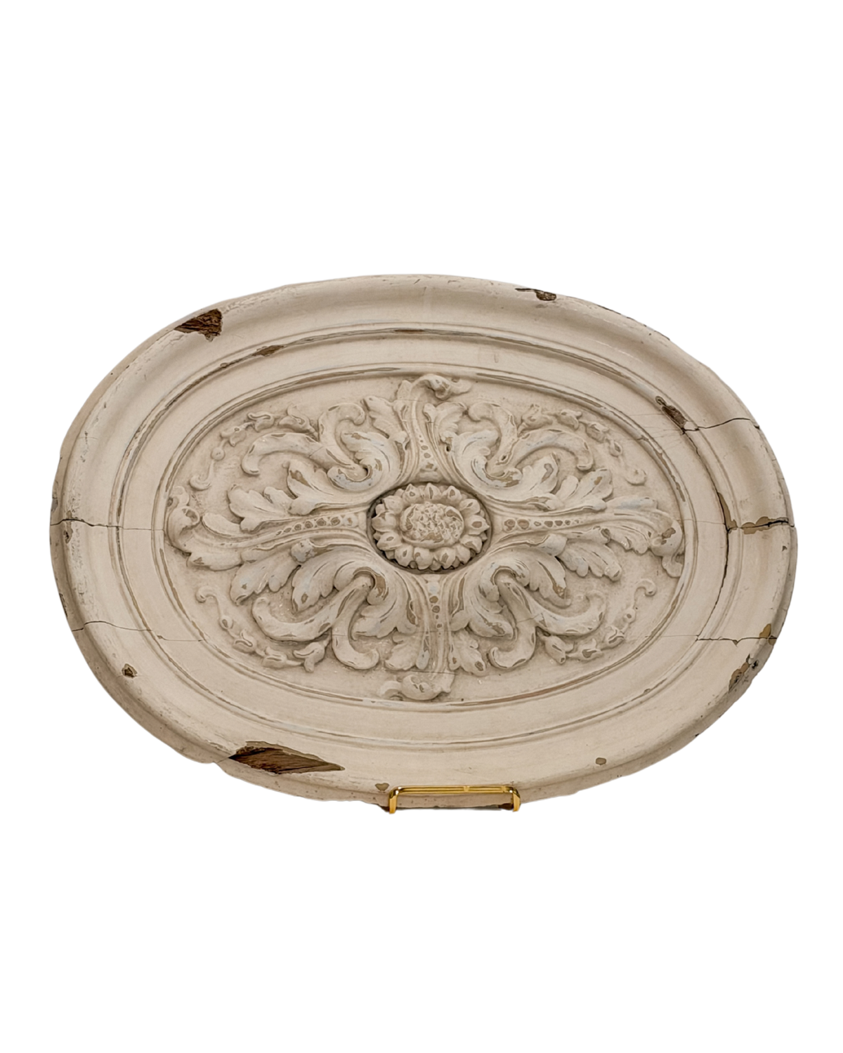 Antique French Solid Wood Oval Architectural Medallion with Foliate Relief