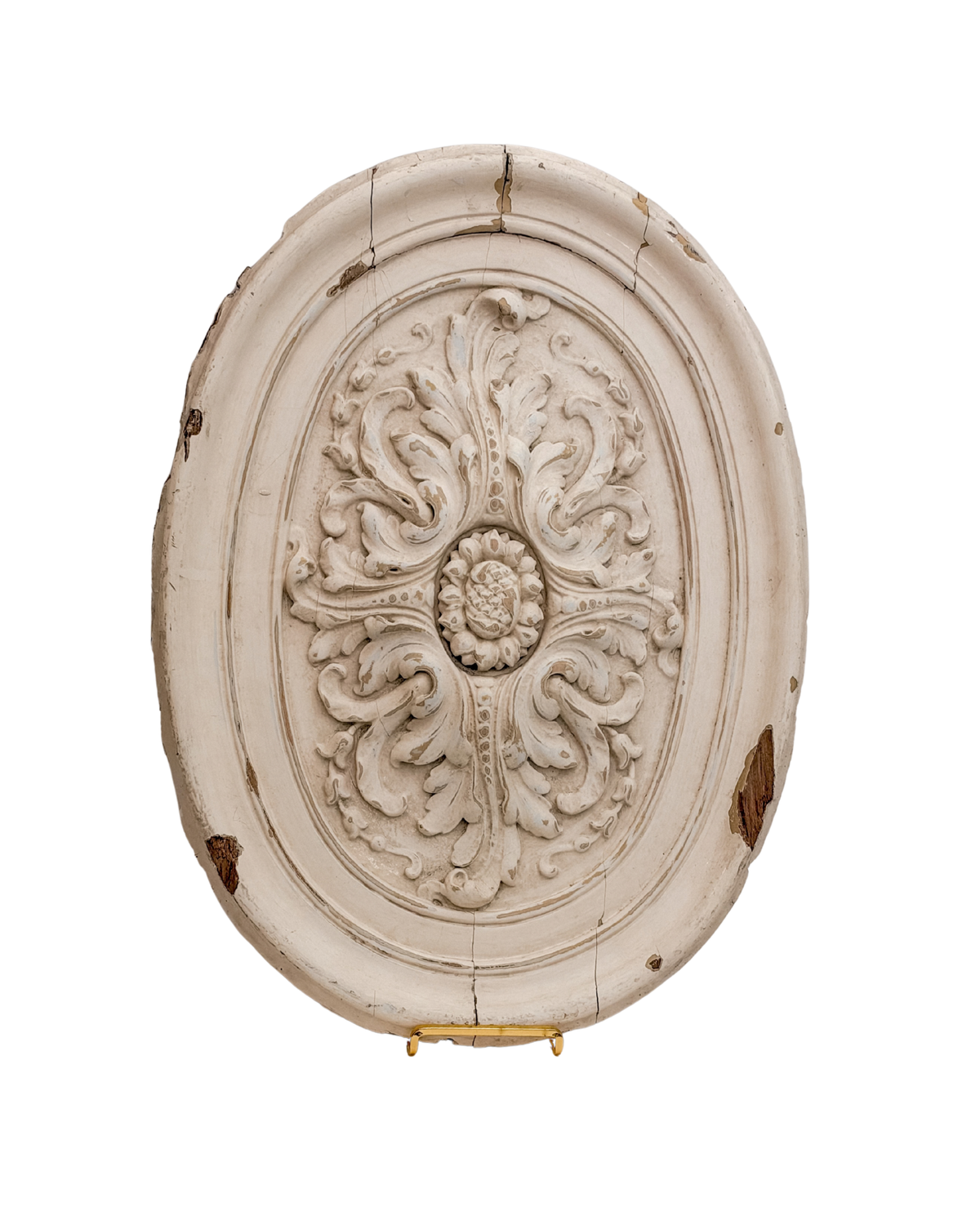 Antique French Solid Wood Oval Architectural Medallion with Foliate Relief