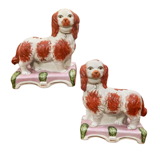 Early Vintage Staffordshire Dog Pair on Pink Pillows