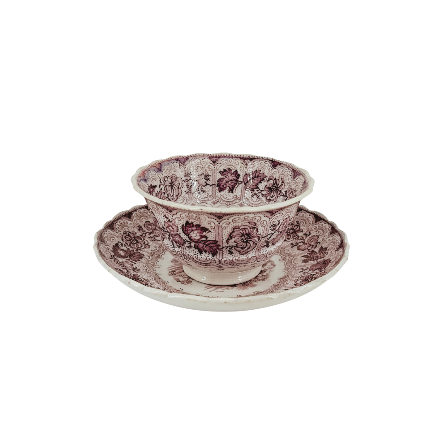 Antique Mulberry Transferware Teacup & Saucer Set | Egypt Pattern