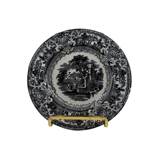 Antique Black Transferware Bread Plate | Italy Pattern