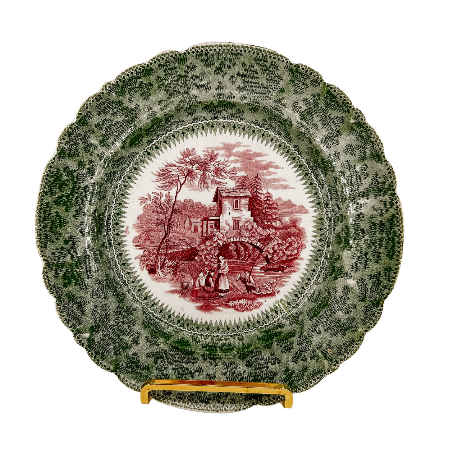 Antique BiColor Transferware Plate | Fisherman Pattern