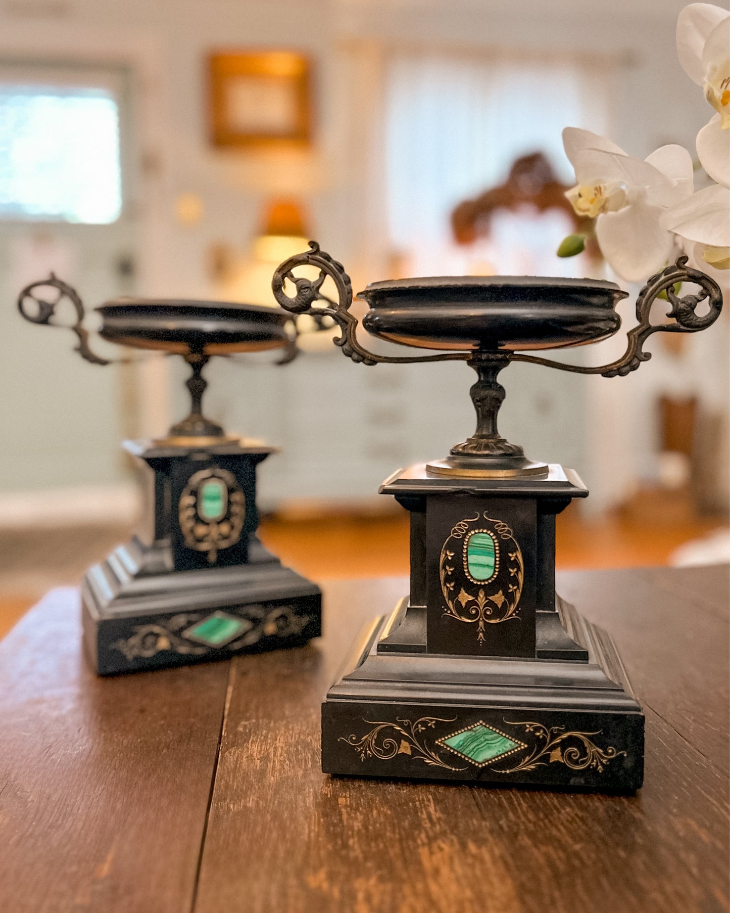 Pair of Antique Black Marble and Malachite Tazzas