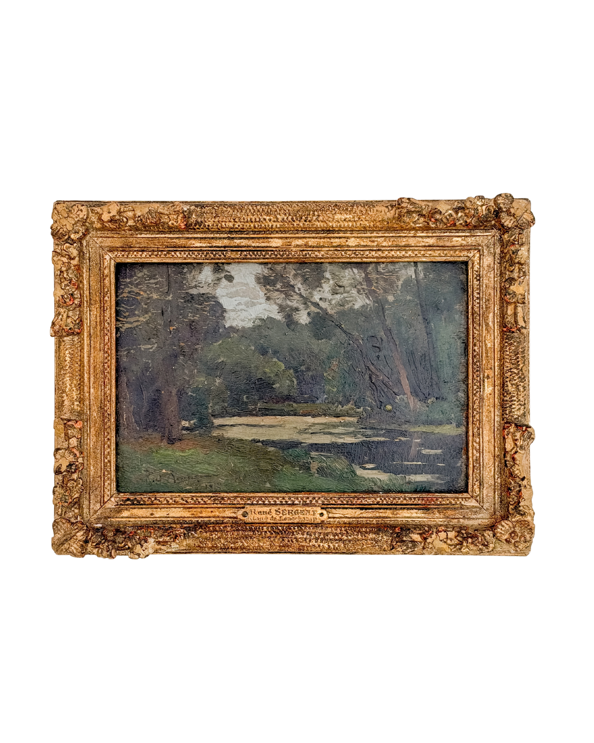 "L’Étang de Longchamp" Antique French Oil Painting by René Sergent in an Ornate Gold Frame