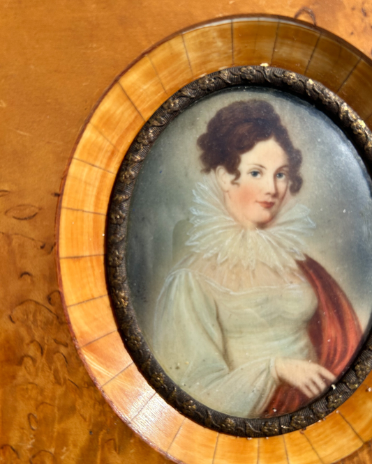 Antique Miniature Portrait of a Lady in Birdseye Maple Frame