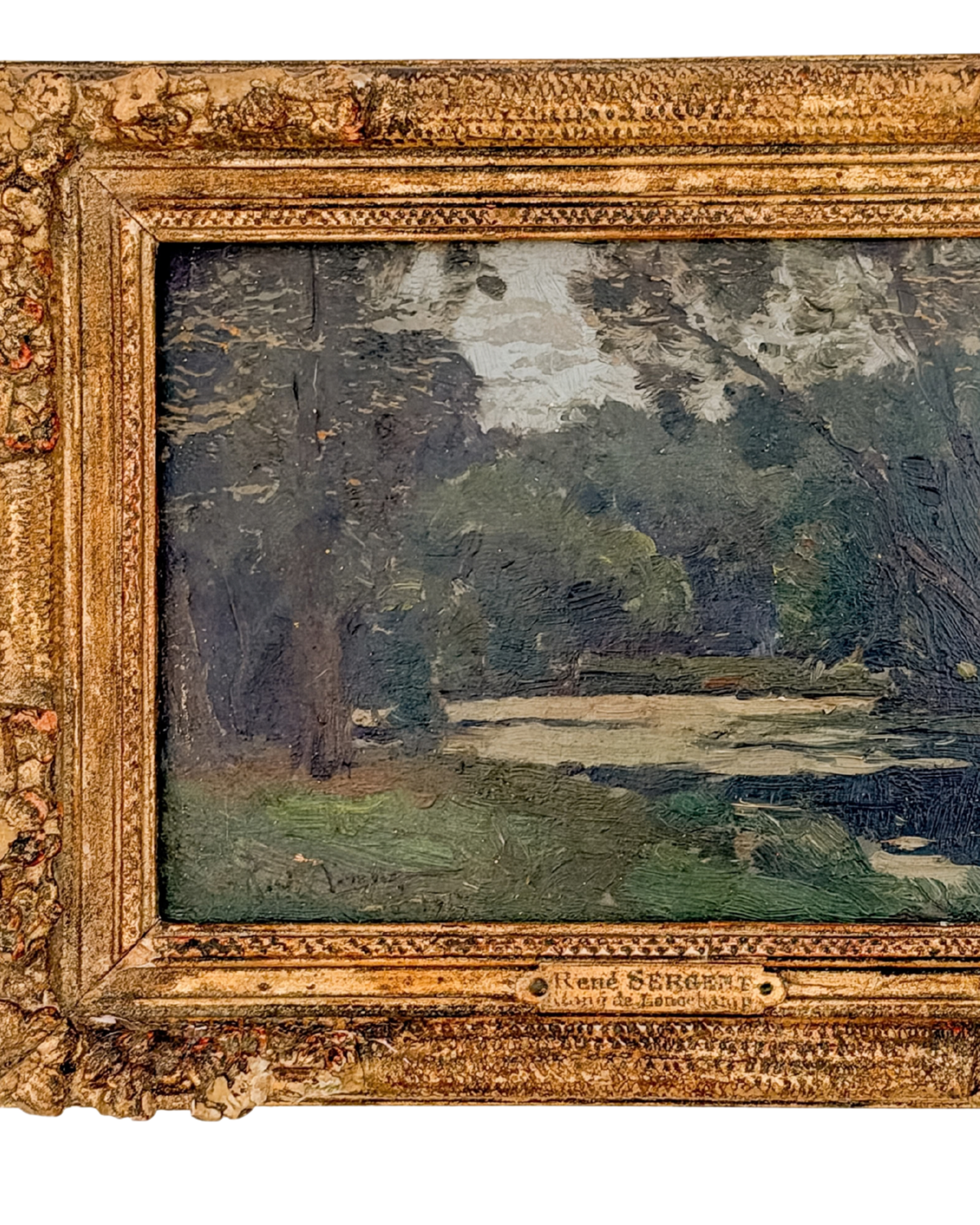 "L’Étang de Longchamp" Antique French Oil Painting by René Sergent in an Ornate Gold Frame