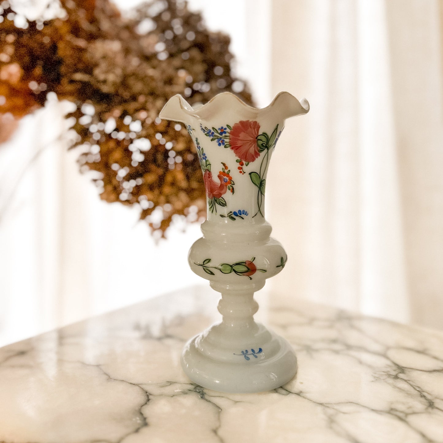 Antique Opaline Bud Vase with Hand Painted Florals