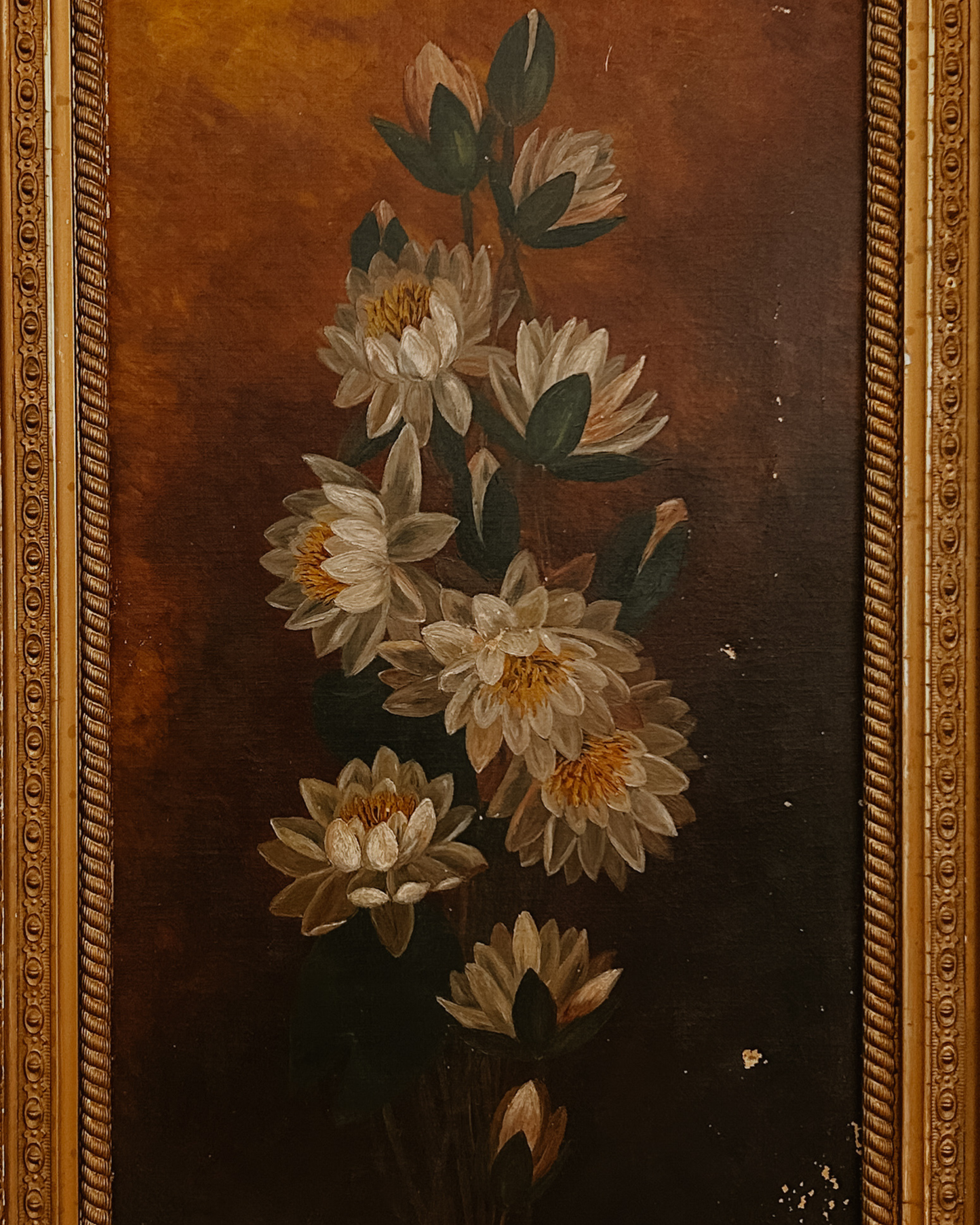 19th Century oil on canvas depicting a vertical cluster of white water lilies