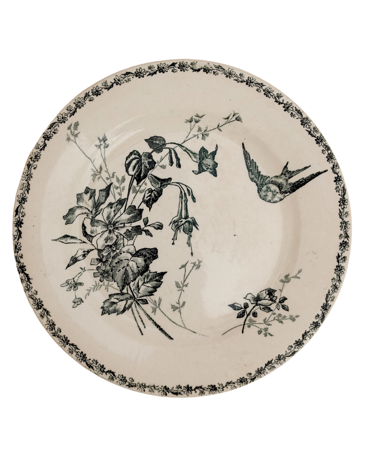 Antique French Green Floral and Bird Terre de Fer Transferware Plate with E. Bourgeois Stamp