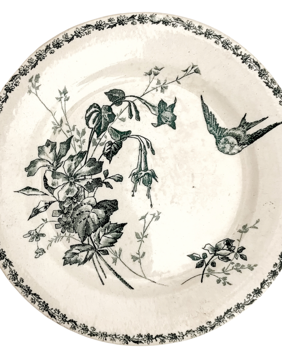 Antique French Green Floral and Bird Terre de Fer Transferware Plate with E. Bourgeois Stamp
