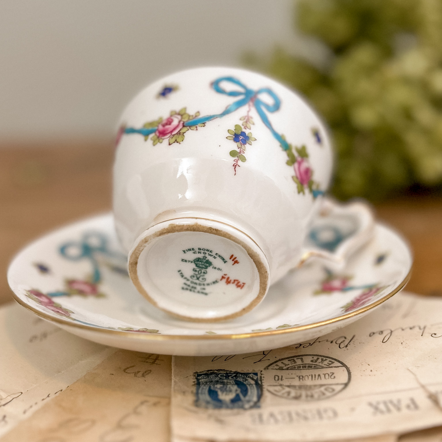 Staffordshire Fine Bone China Ribbon & Rose Teacup and Saucer